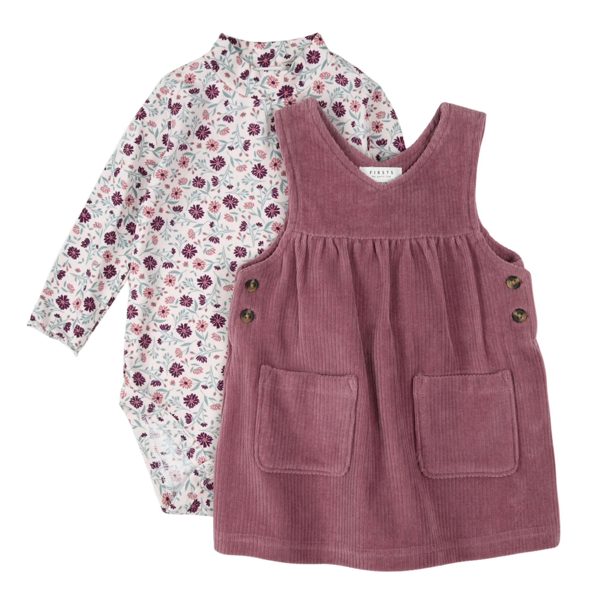 FIRSTS Floral Print Overall Corduroy Dress  Set