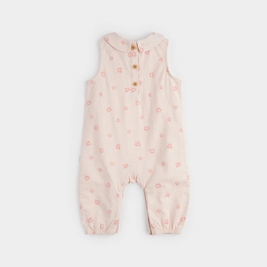 Firsts In Print FIRSTS Flower Print on Coral Crosshatch Linen Jumpsuit