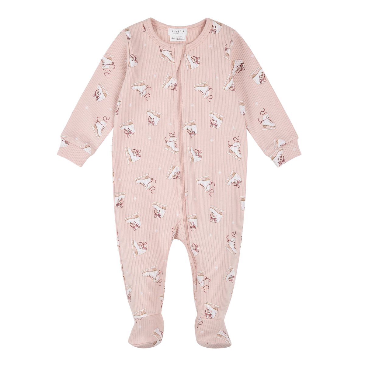 FIRSTS Ice Skates Print on Light Pink Ribbed Sleeper