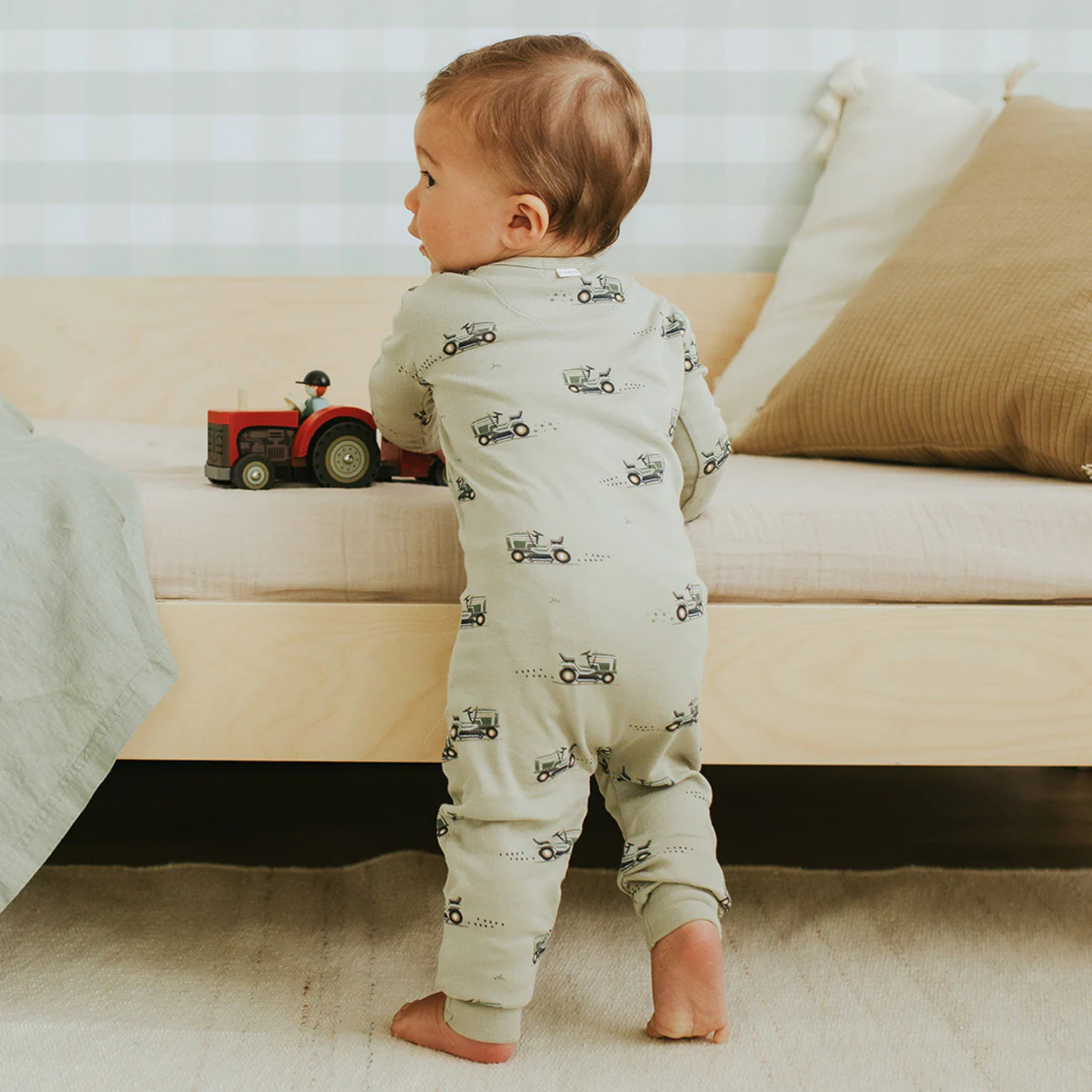 FIRSTS Lawnmower Print on Tea Green Convertible Sleeper