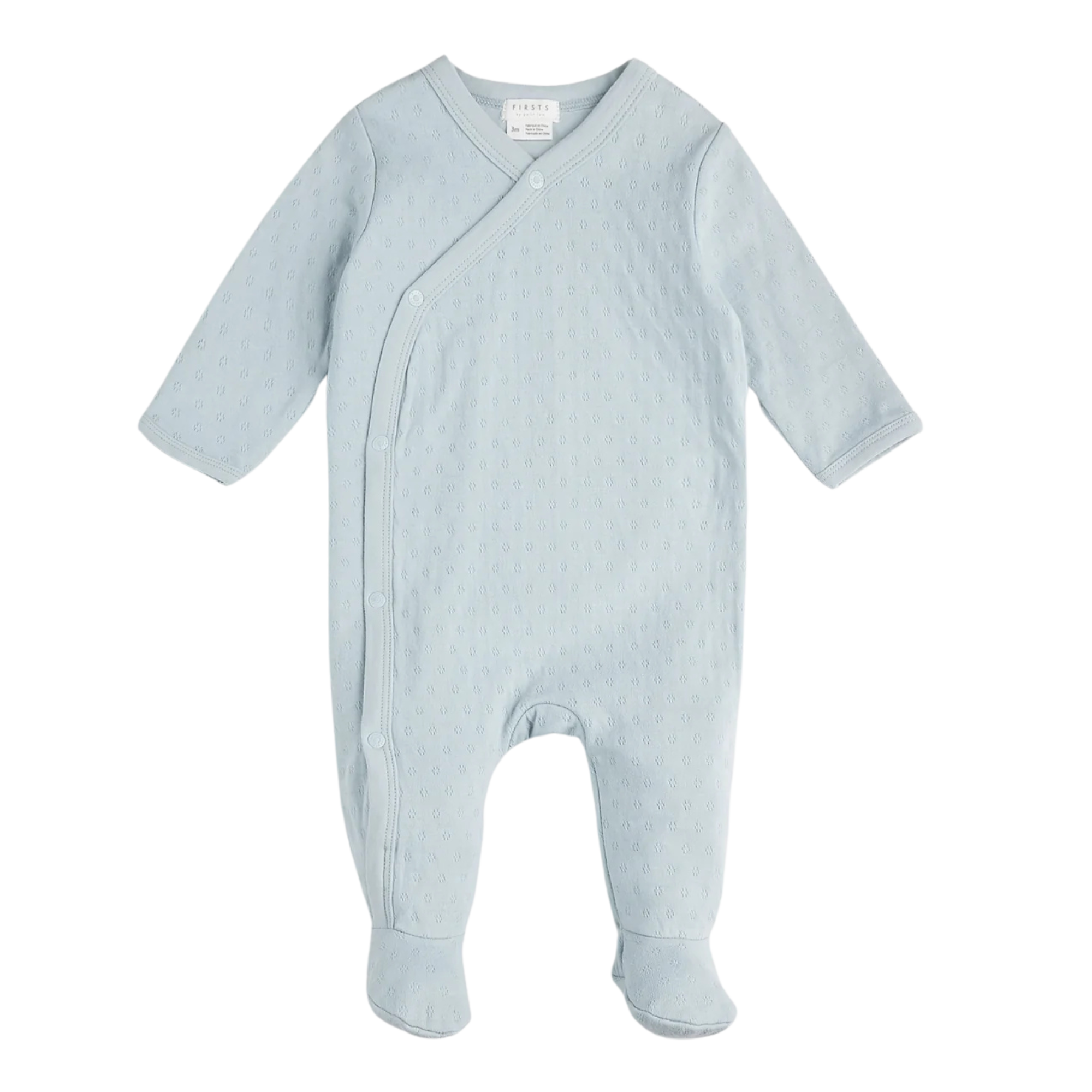 Grenouillère croisée en tricot pointelle bleu clair FIRSTS 