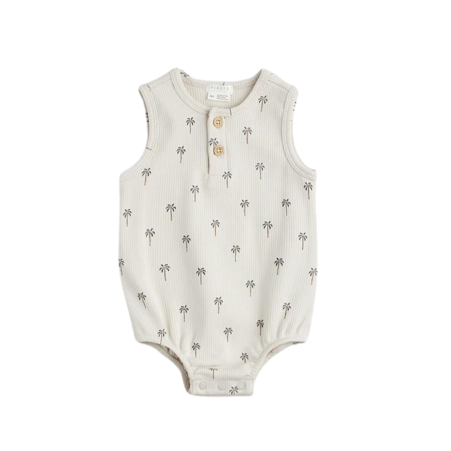 FIRSTS ribbed baby romper in light taupe with palm tree print, sleeveless with button placket and snaps, laid flat to show soft texture.