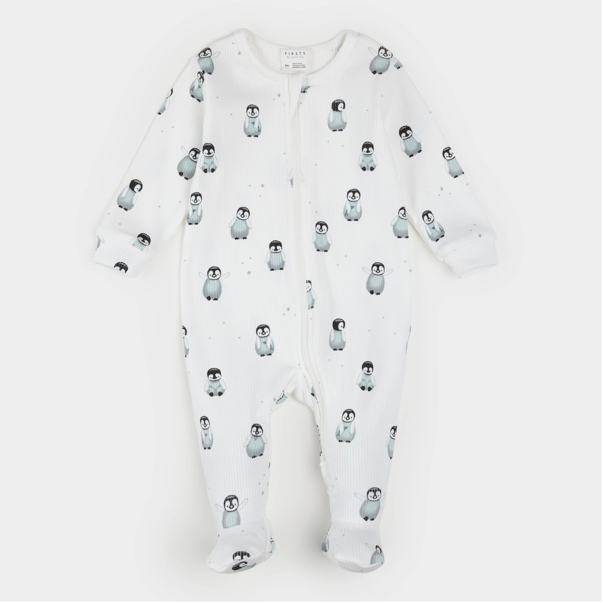 FIRSTS Penguins Print on Off-White Ribbed Sleeper
