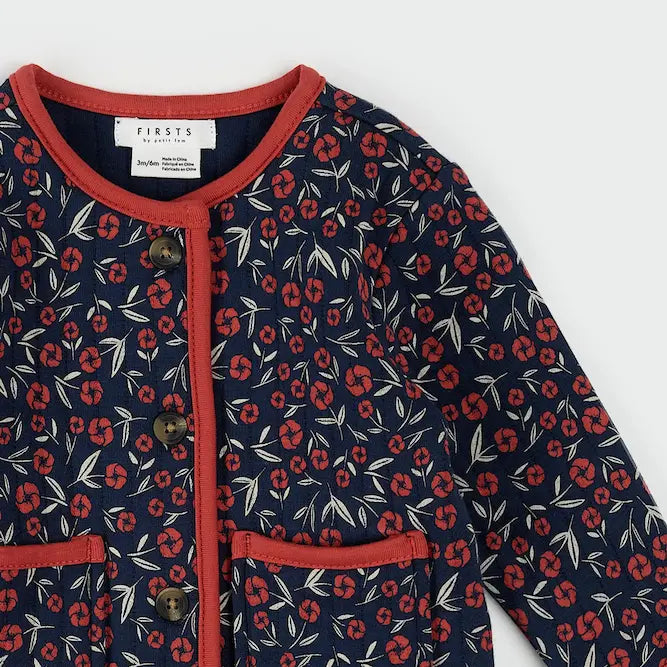 FIRSTS Poppy Floral Print on Dress Blue Quilted Cardigan