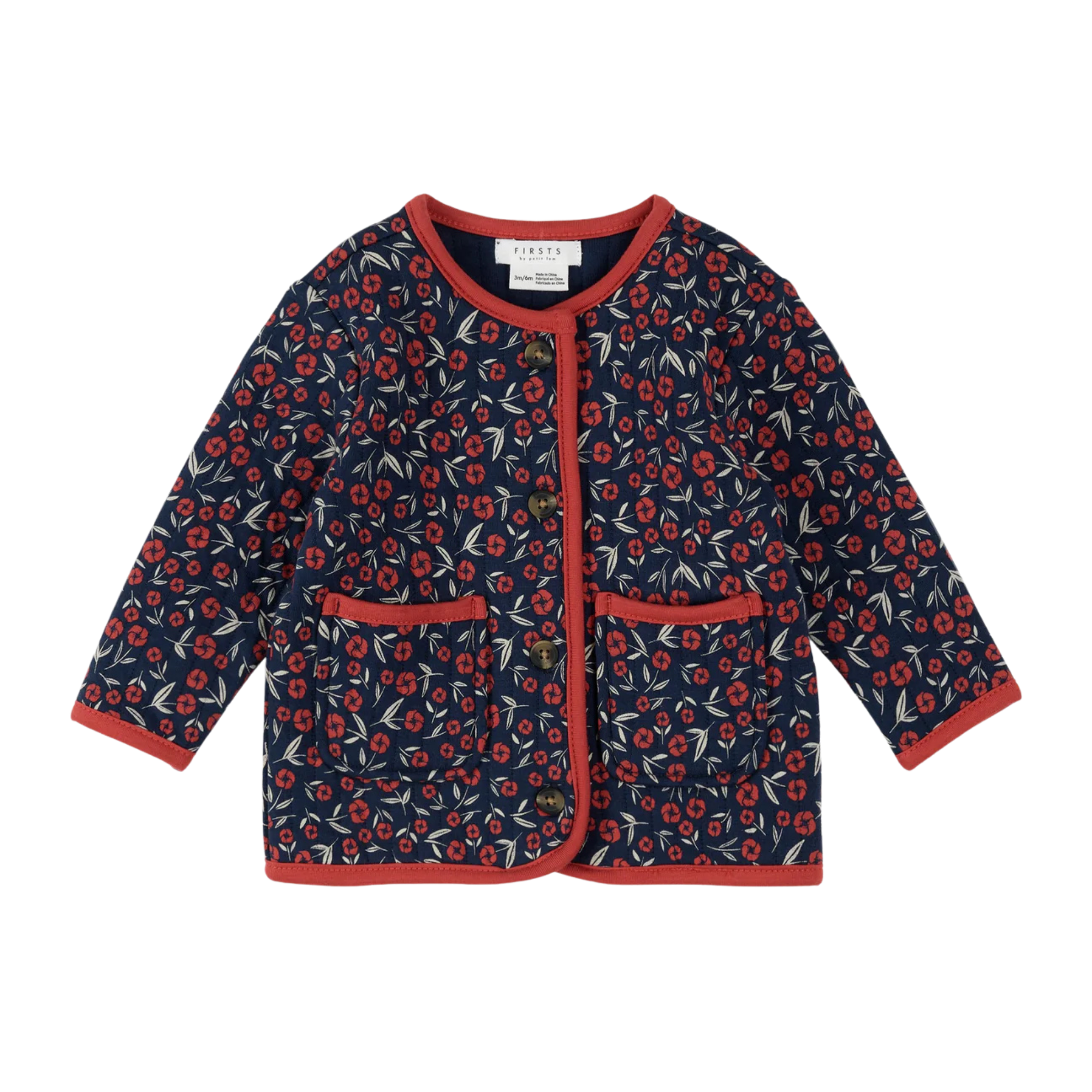 FIRSTS Poppy Floral Print on Dress Blue Quilted Cardigan