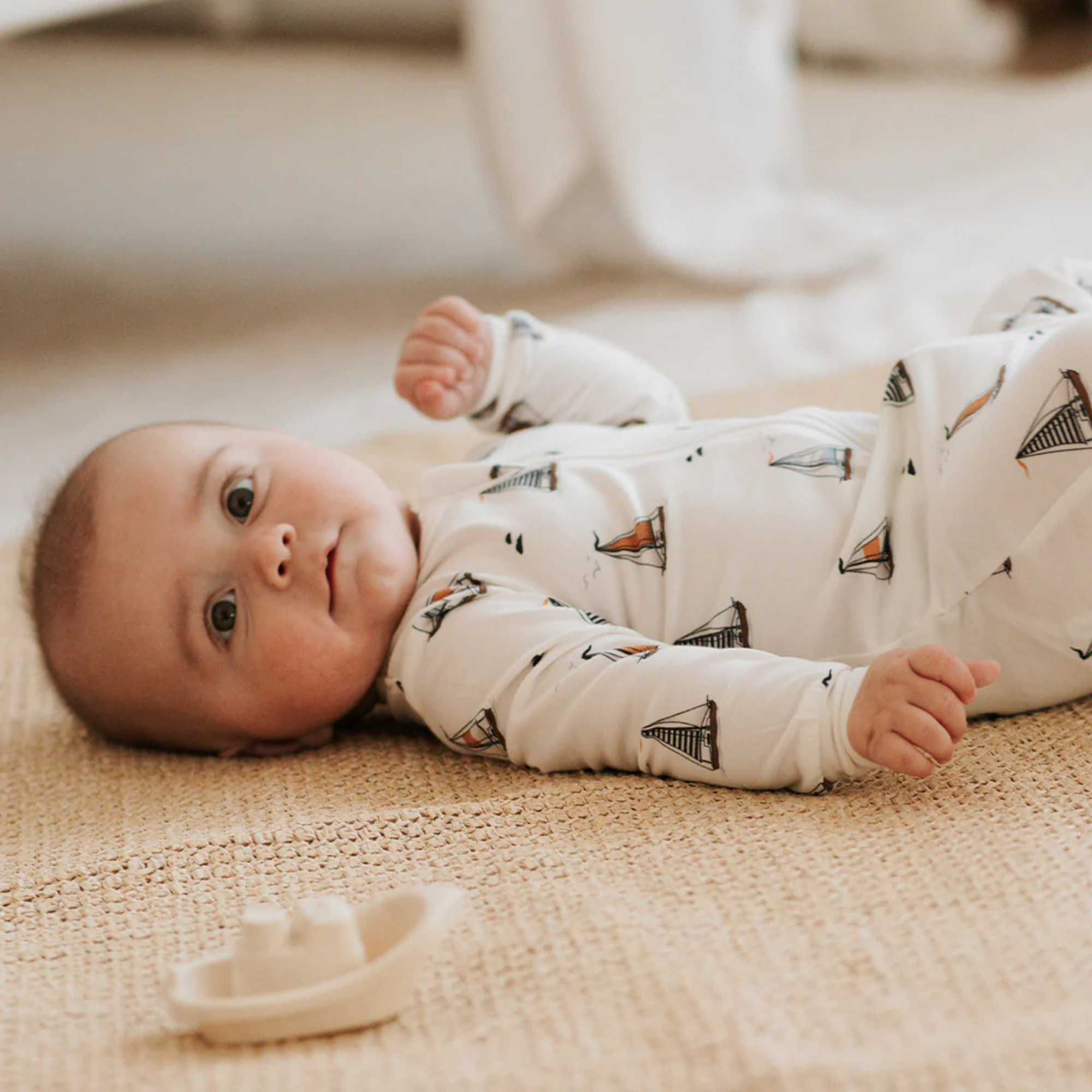 FIRSTS Sailboats Print on Off-White Footed Sleeper