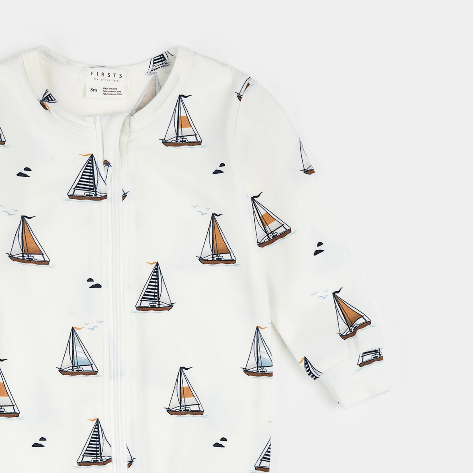 FIRSTS Sailboats Print on Off-White Footed Sleeper