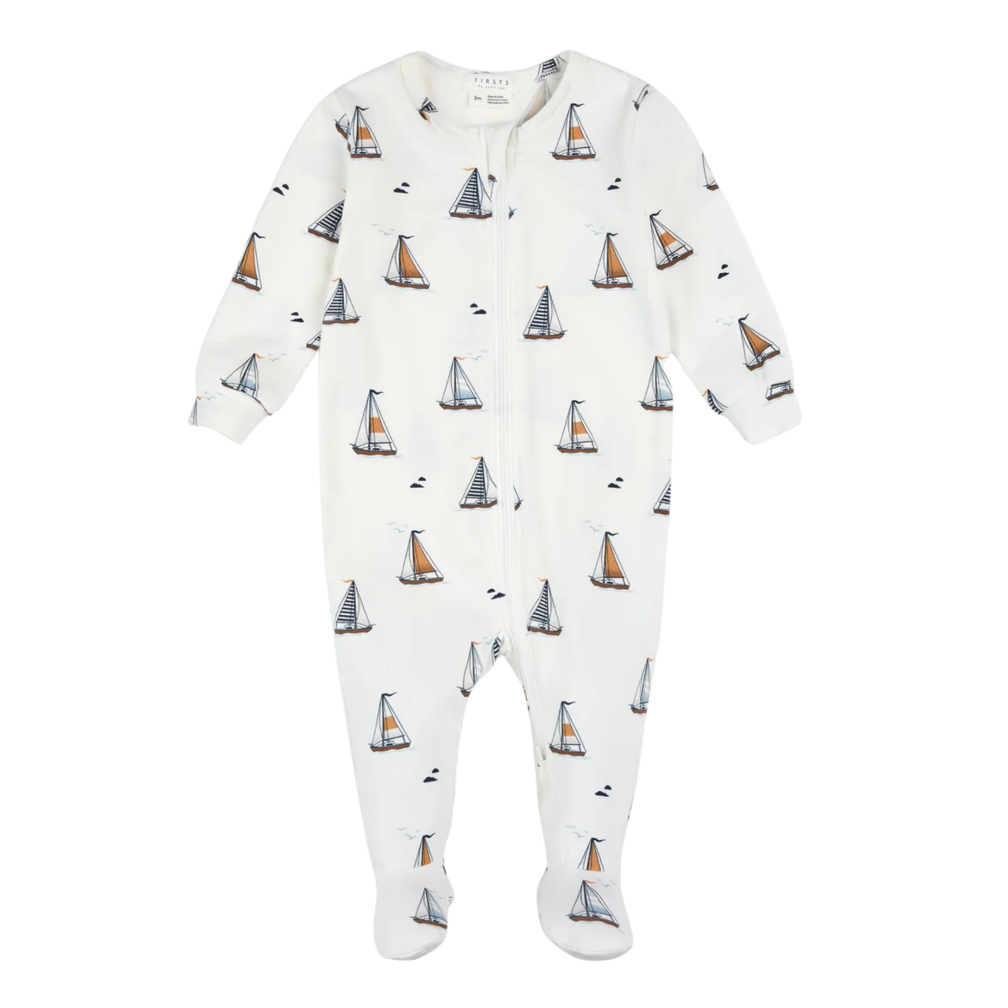 FIRSTS Sailboats Print on Off-White Footed Sleeper