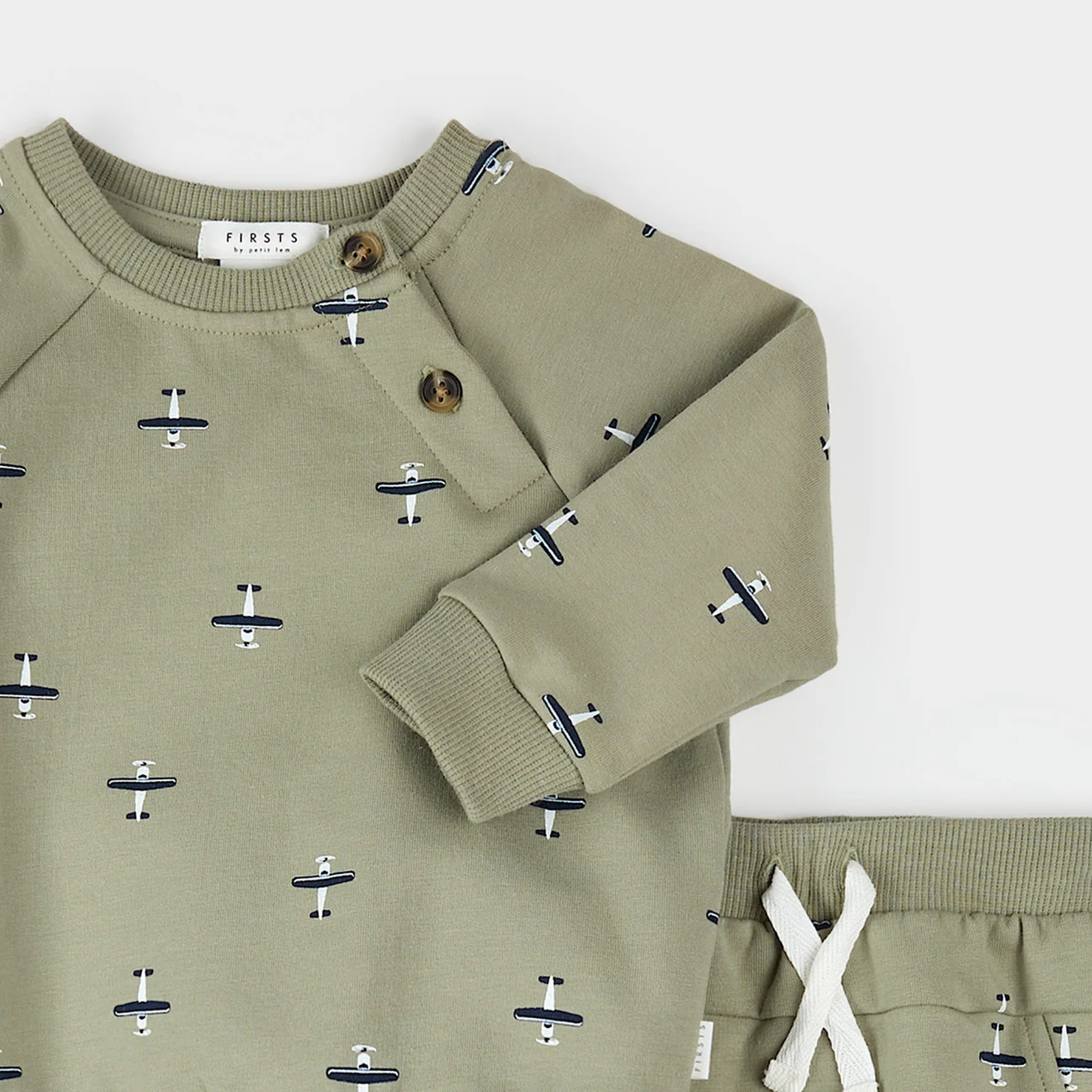 FIRSTS Seaplane Print on Fall Green Outfit Set