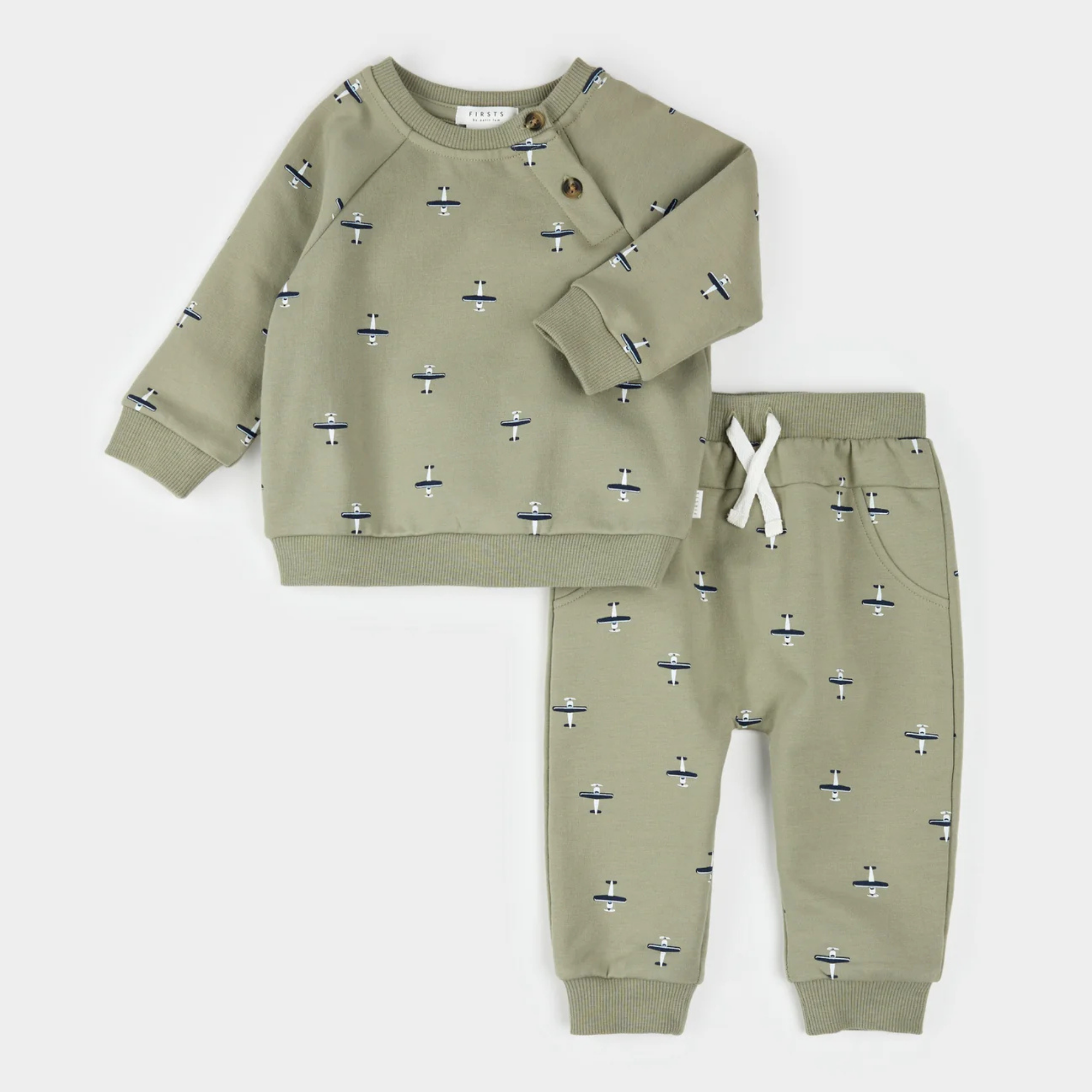 FIRSTS Seaplane Print on Fall Green Outfit Set