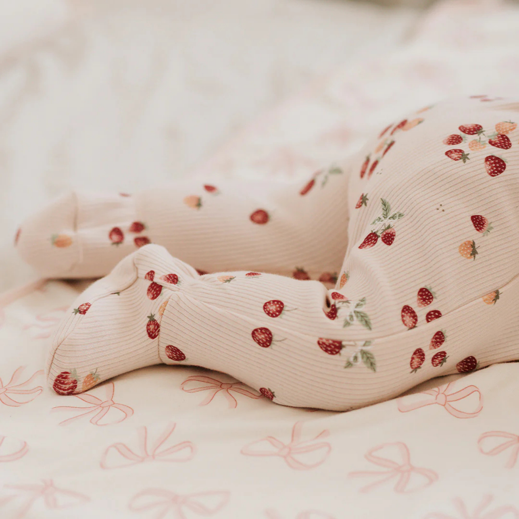 FIRSTS Strawberry Print on Light Pink Footed Sleeper