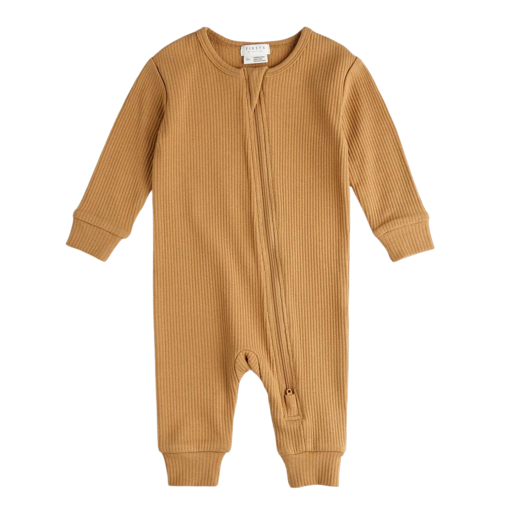 Long-sleeve ribbed baby onesie in light brown with front zipper closure, featuring cuffed sleeves and ankles for a cozy fit.
