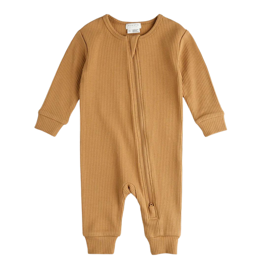 Long-sleeve ribbed baby onesie in light brown with front zipper closure, featuring cuffed sleeves and ankles for a cozy fit.
