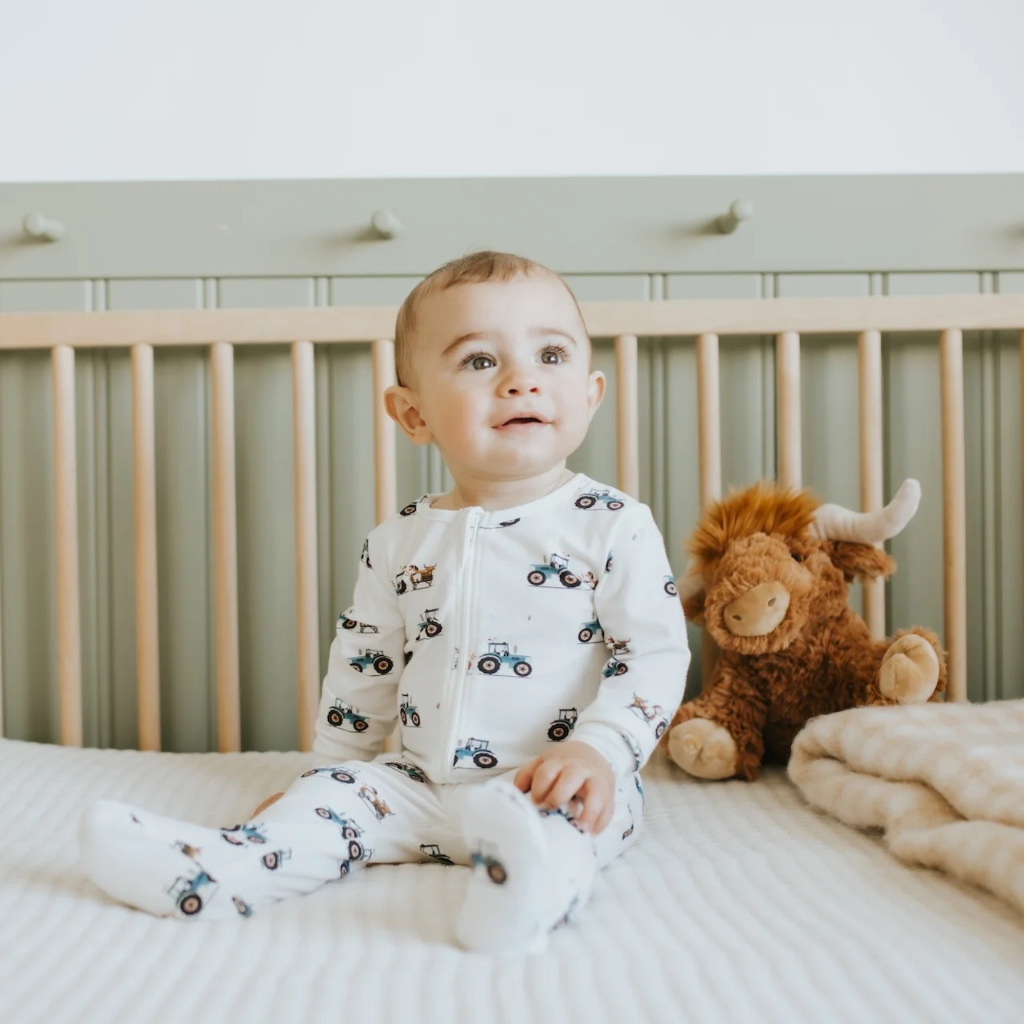 FIRSTS Tractor Ride Print on Off-White LunaKnit Sleeper