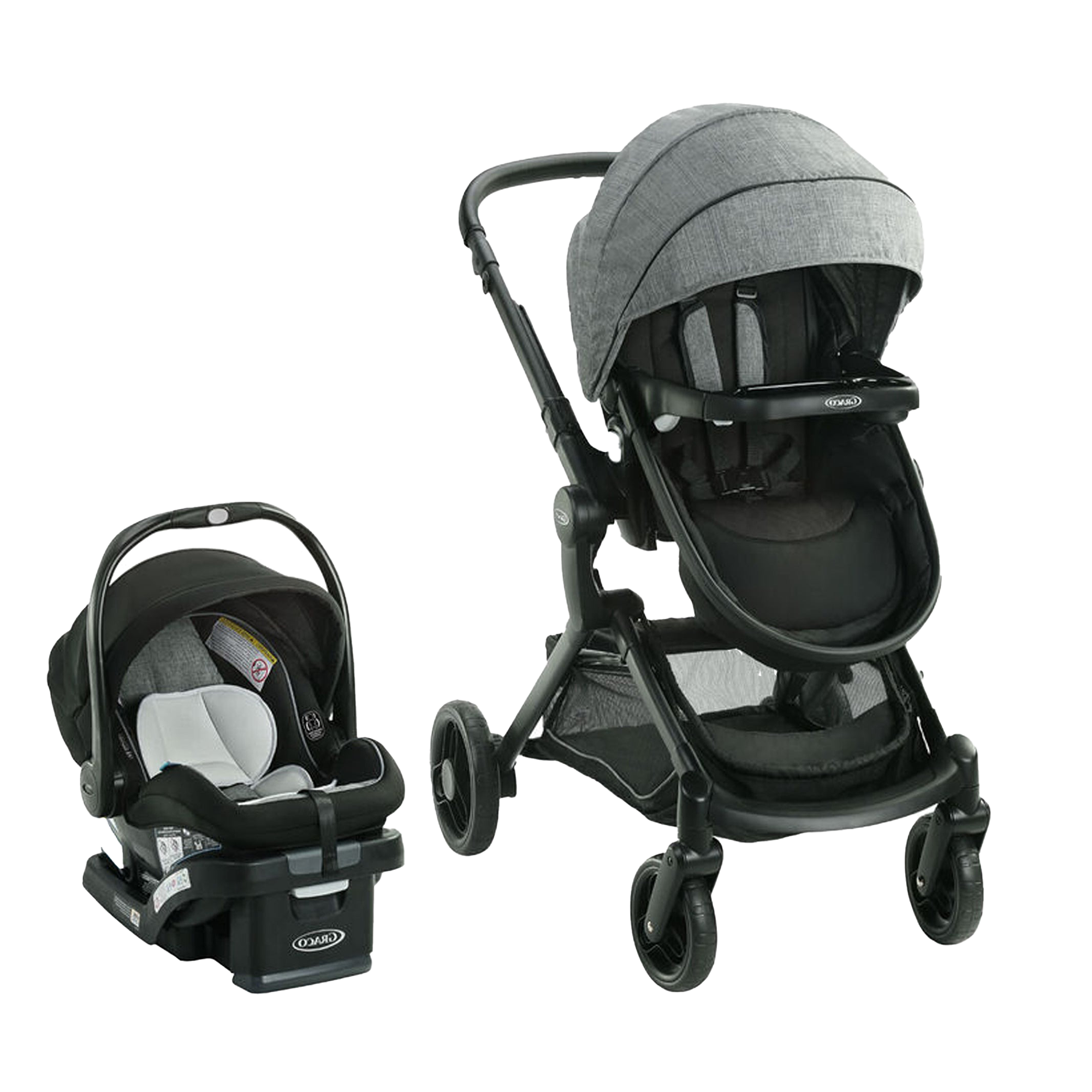 Modern grey travel system featuring a stroller and matching infant car seat with base, designed for newborn comfort and easy mobility.