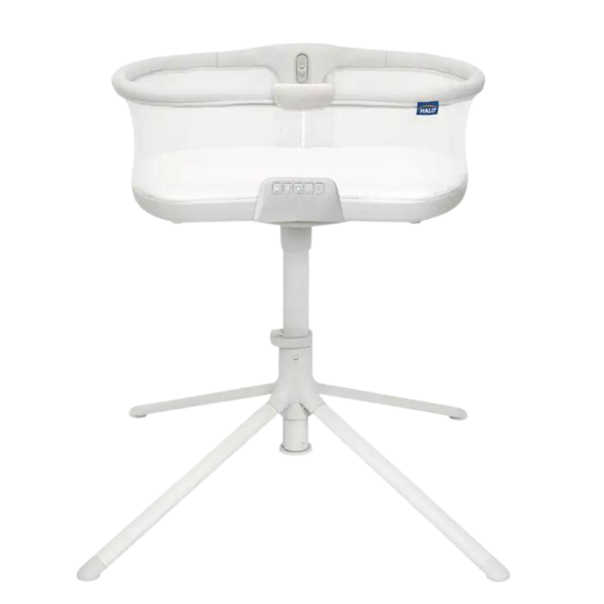 HALO BassiNest Swivel Sleeper Soothe 3.1 in grey with breathable mesh walls, soothing control panel, and four-leg swivel base.