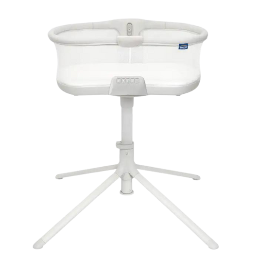 HALO BassiNest Swivel Sleeper Soothe 3.1 in grey with breathable mesh walls, soothing control panel, and four-leg swivel base.