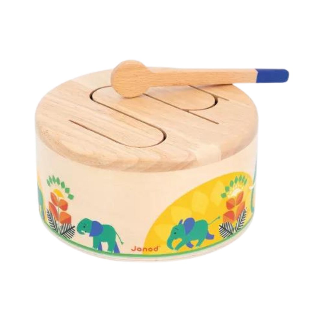 Janod Gioia Drum, a round wooden children’s drum with colorful elephant illustrations and a blue-tipped wooden mallet resting on top.