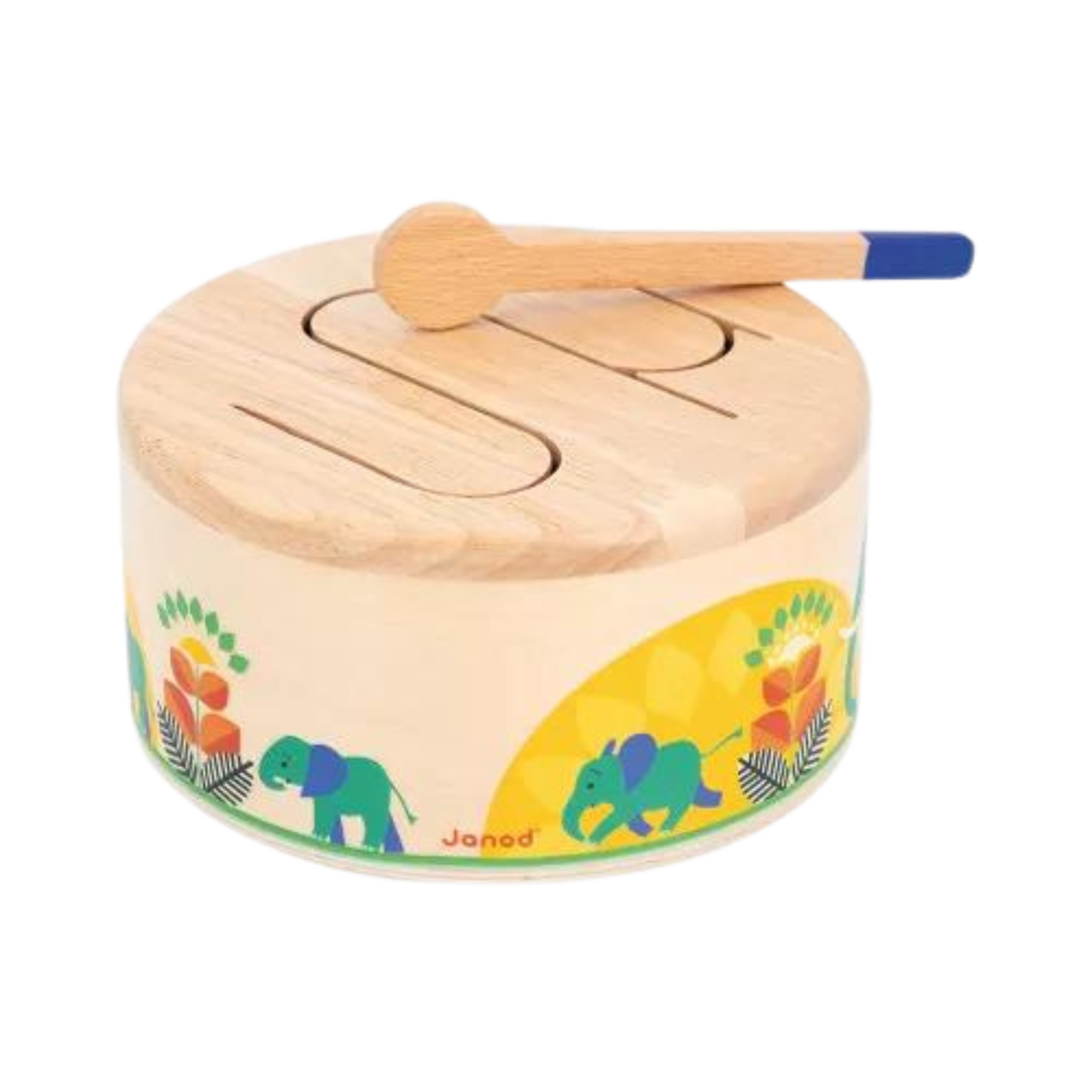 Janod Gioia Drum, a round wooden children’s drum with colorful elephant illustrations and a blue-tipped wooden mallet resting on top.