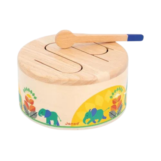 Janod Gioia Drum, a round wooden children’s drum with colorful elephant illustrations and a blue-tipped wooden mallet resting on top.