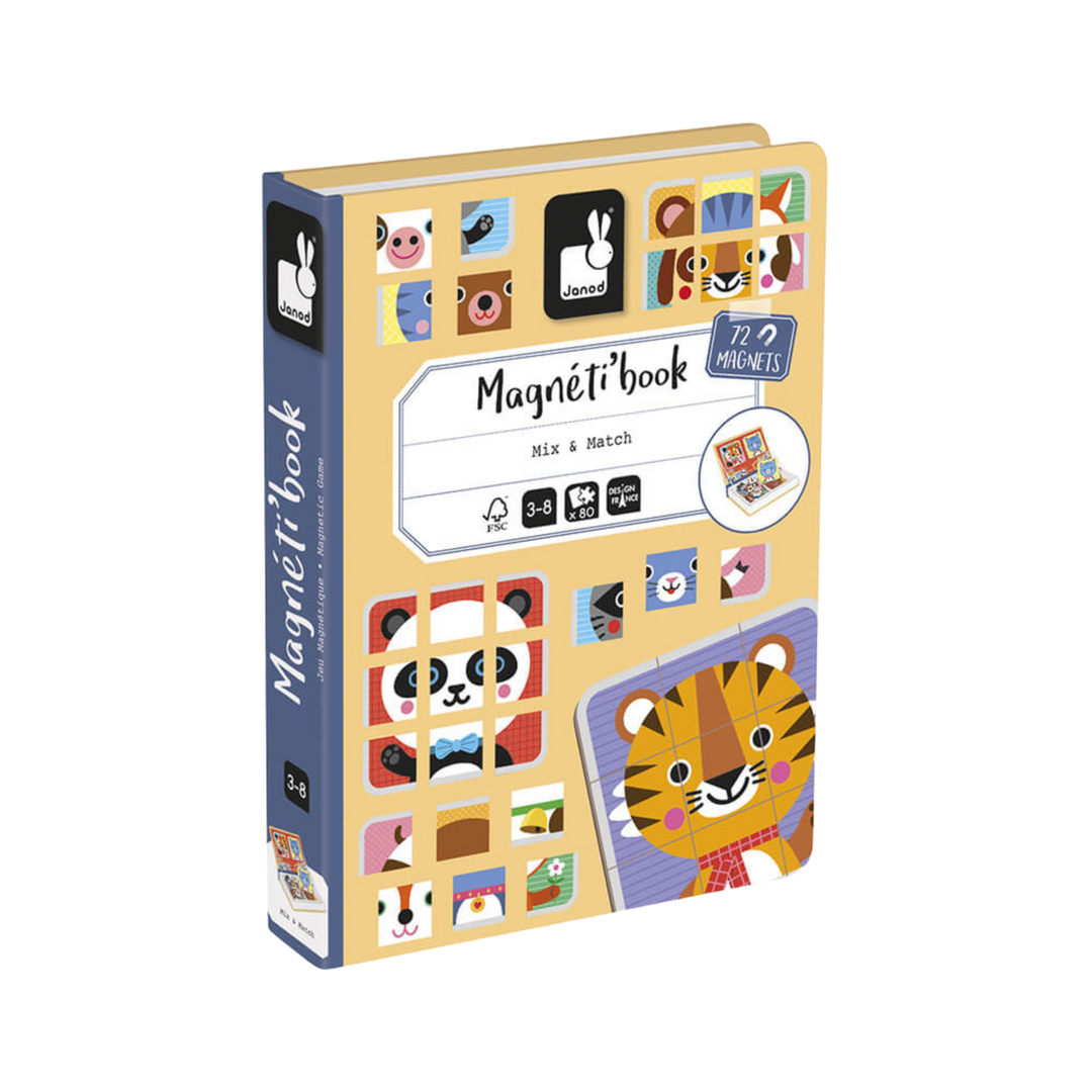 Magnetic book toy featuring animal-themed magnets and illustrated cards, designed for children to create and match fun animal combinations.