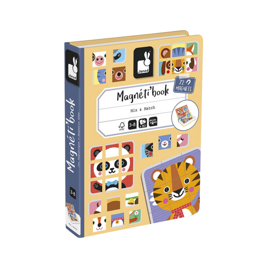 Magnetic book toy featuring animal-themed magnets and illustrated cards, designed for children to create and match fun animal combinations.