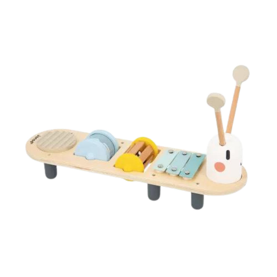 Wooden baby activity toy with sensory textures, spinning shapes, bead roller, and mini xylophone for early learning and motor skills development.