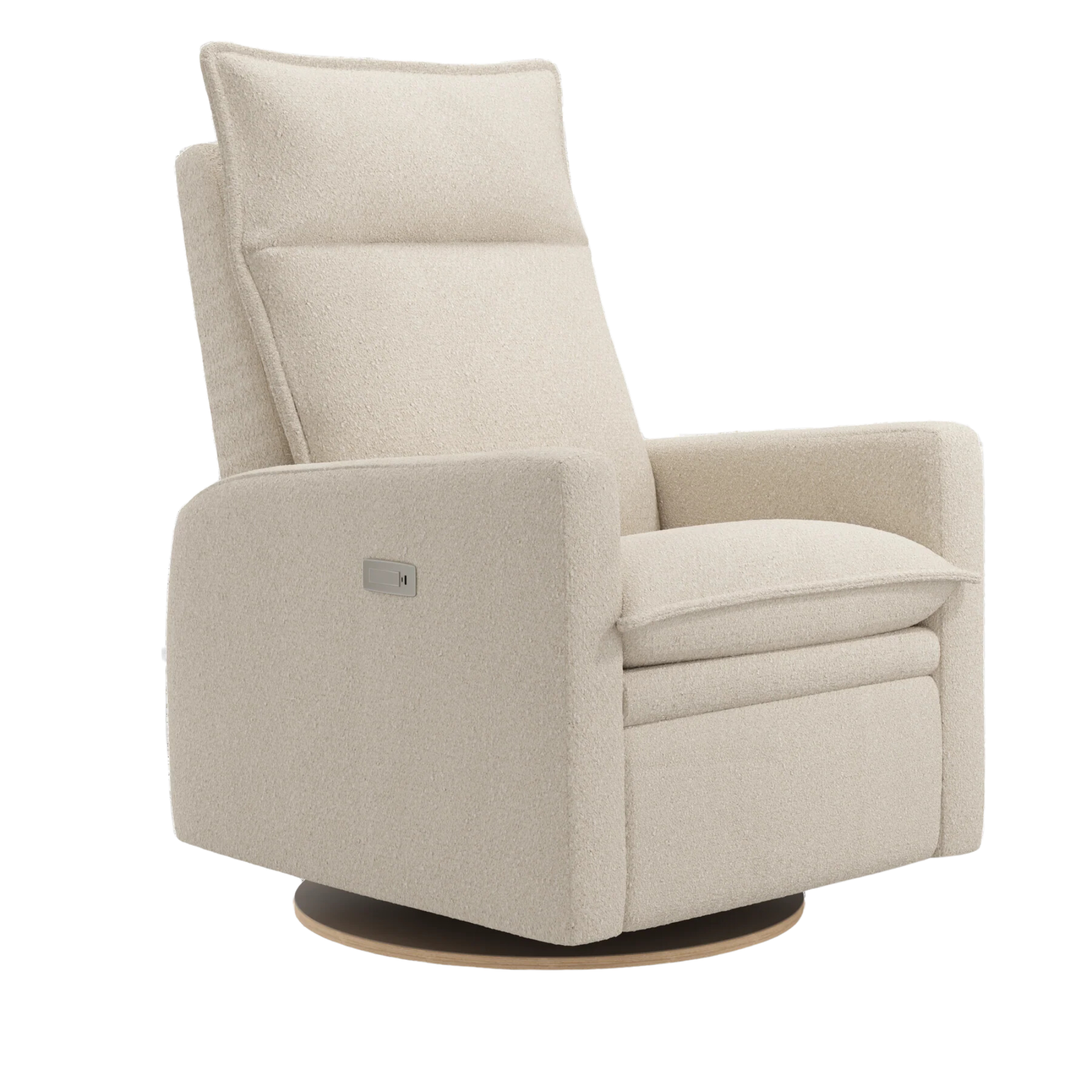 Cream-colored nursery recliner with padded armrests, high backrest, and swivel base, designed for comfort during feeding or rocking baby.