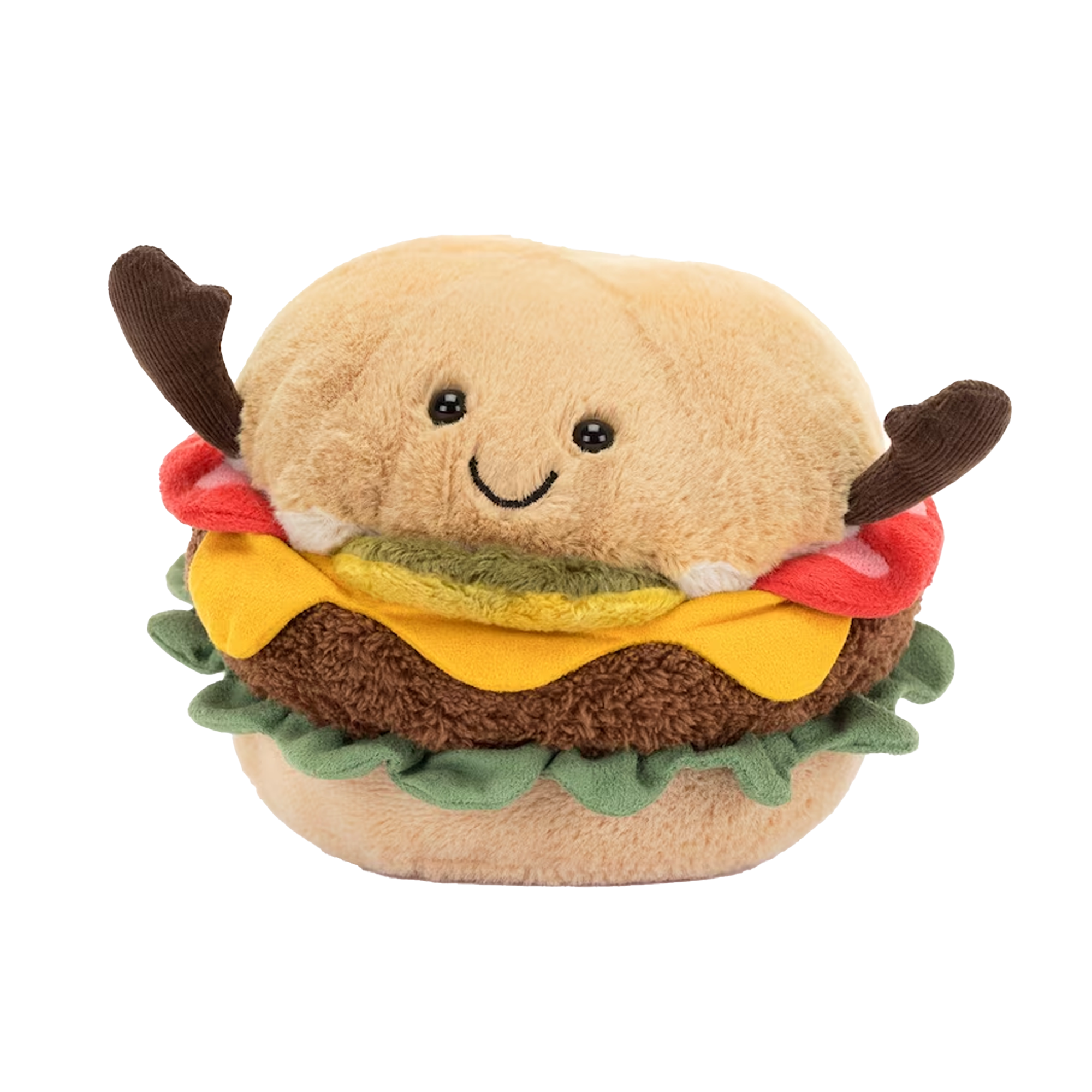 Jellycat Amuseables Burger plush with smiling face, cord arms, layered lettuce, cheese, patty, and golden bun, shown on white background.