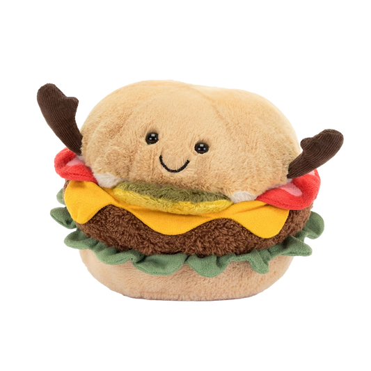 Jellycat Amuseables Burger plush with smiling face, cord arms, layered lettuce, cheese, patty, and golden bun, shown on white background.