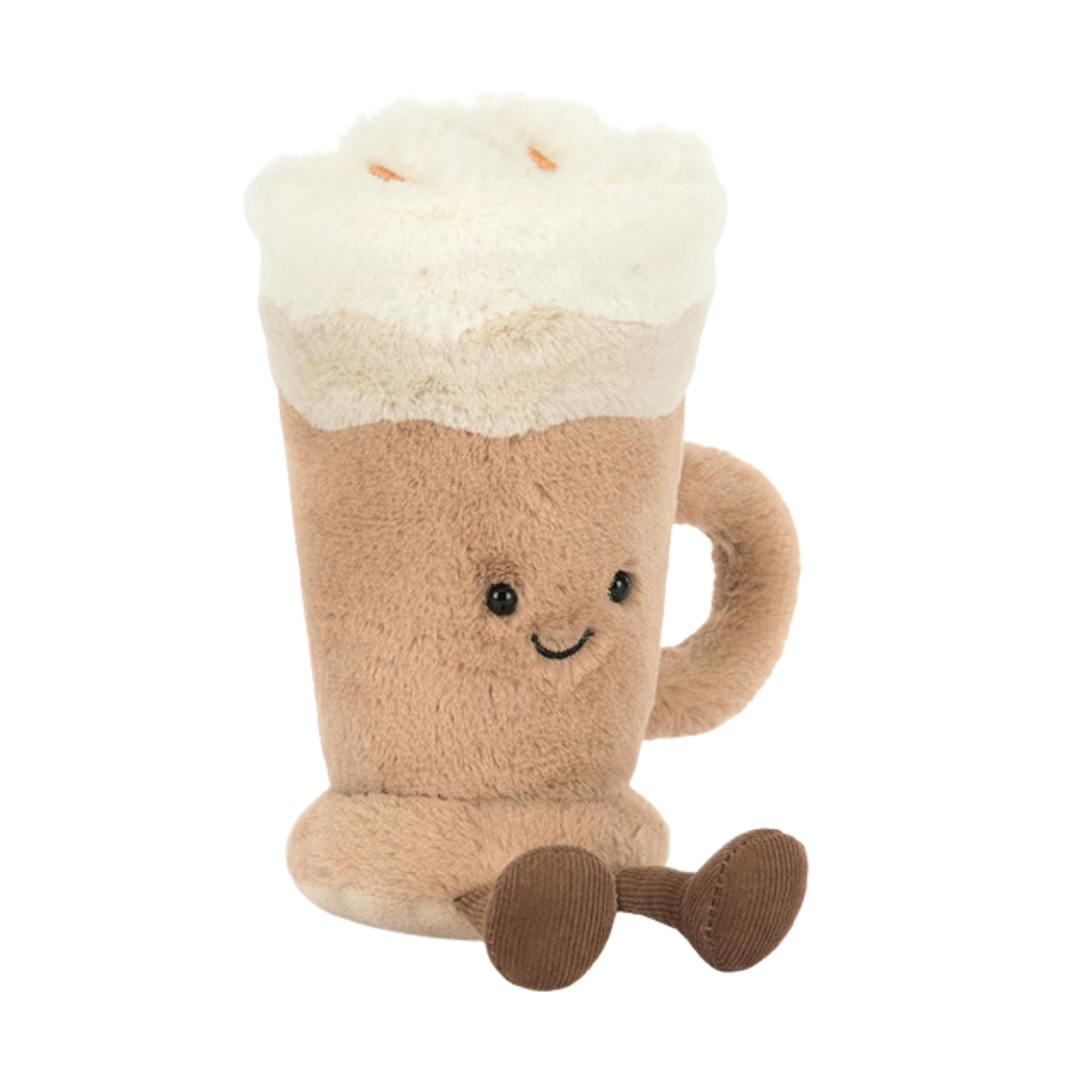 Plush toy shaped like a latte with cream foam top, tan mug body, smiling face, and dangling legs, designed as a soft stuffed gift.