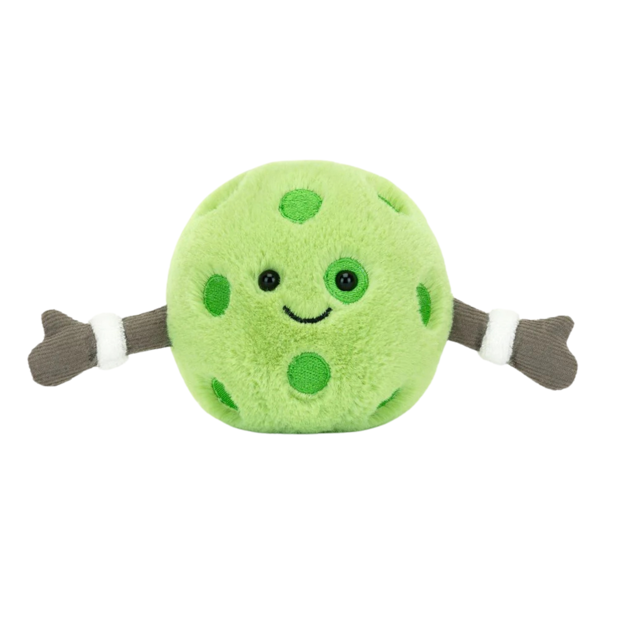 Green plush toy shaped like a smiling pea with dark green spots and soft brown arms, designed for babies and toddlers.