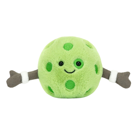 Green plush toy shaped like a smiling pea with dark green spots and soft brown arms, designed for babies and toddlers.