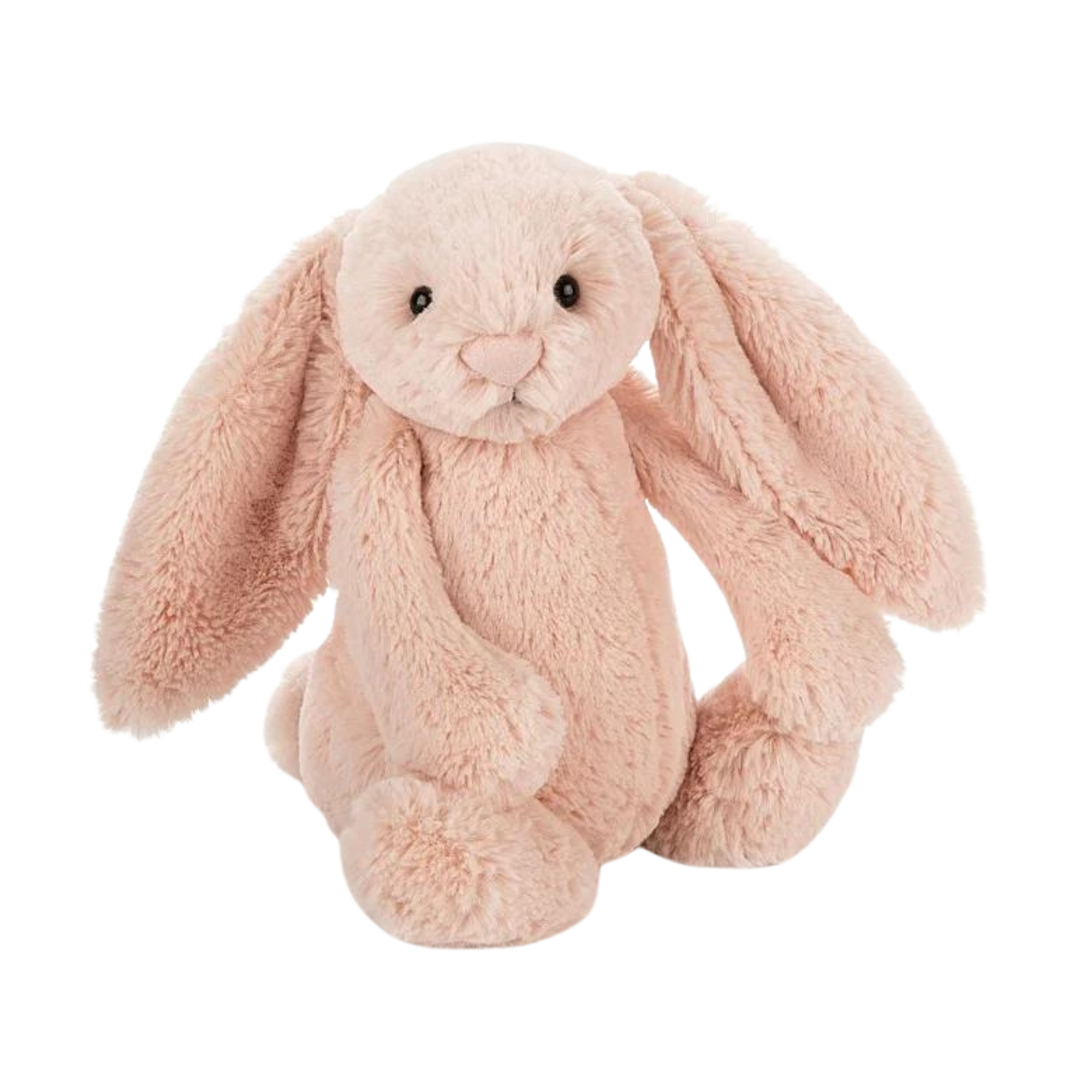 Soft pink plush bunny with floppy ears and embroidered features, designed as a cuddly stuffed animal for babies and young children.