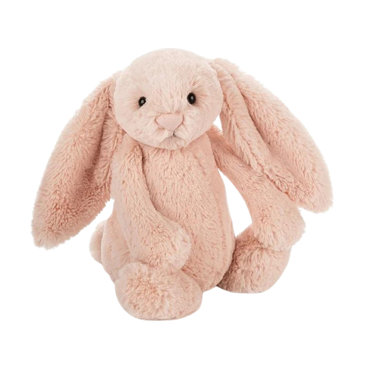 Soft pink plush bunny with floppy ears and embroidered features, designed as a cuddly stuffed animal for babies and young children.