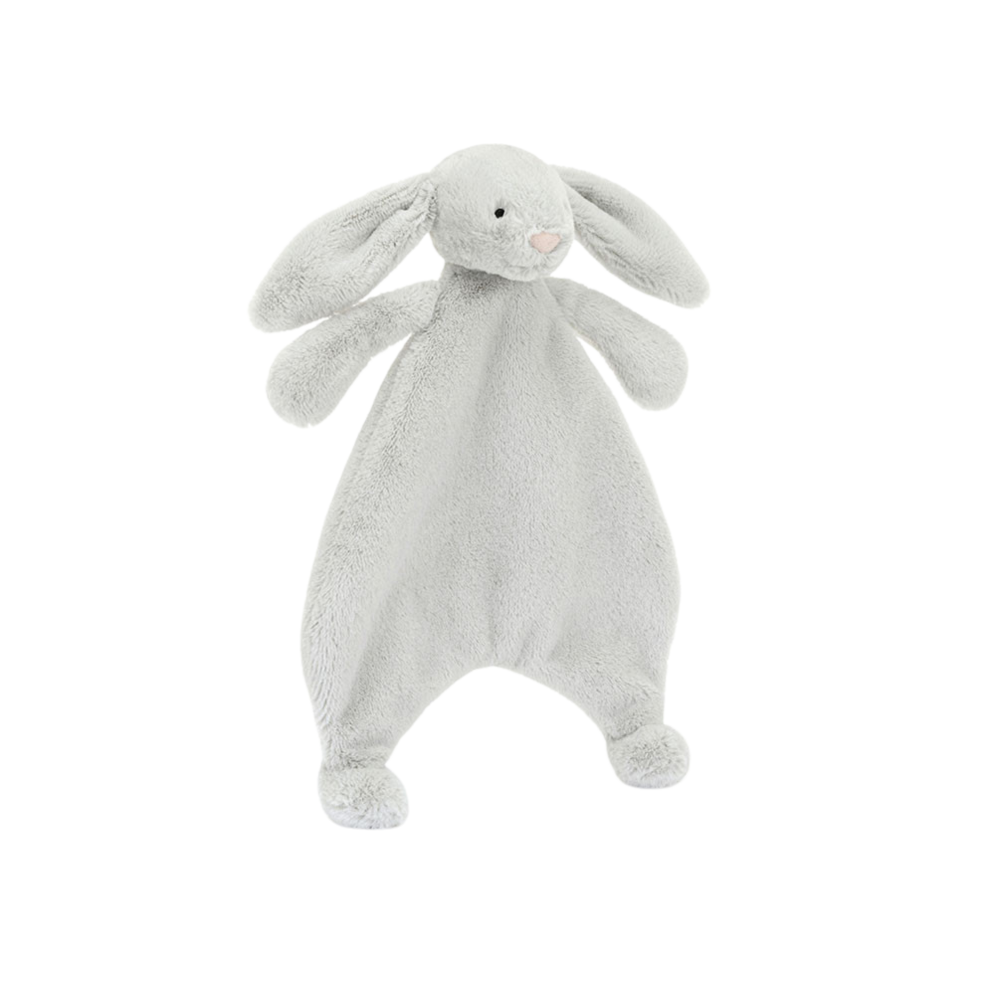 Jellycat Bashful Grey Bunny Comforter with soft plush bunny head, long floppy ears, and attached grey comfort blanket on white background.