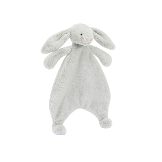 Jellycat Bashful Grey Bunny Comforter with soft plush bunny head, long floppy ears, and attached grey comfort blanket on white background.