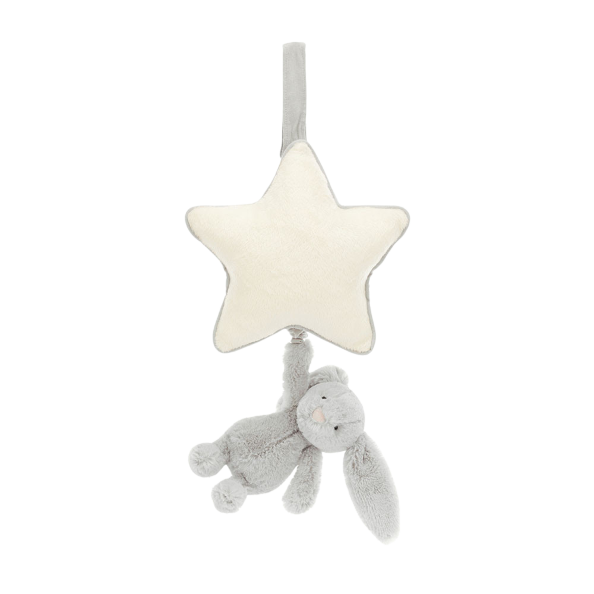 Soft plush baby musical toy shaped like a cream star with a small grey bunny hanging beneath, designed for crib or stroller use.