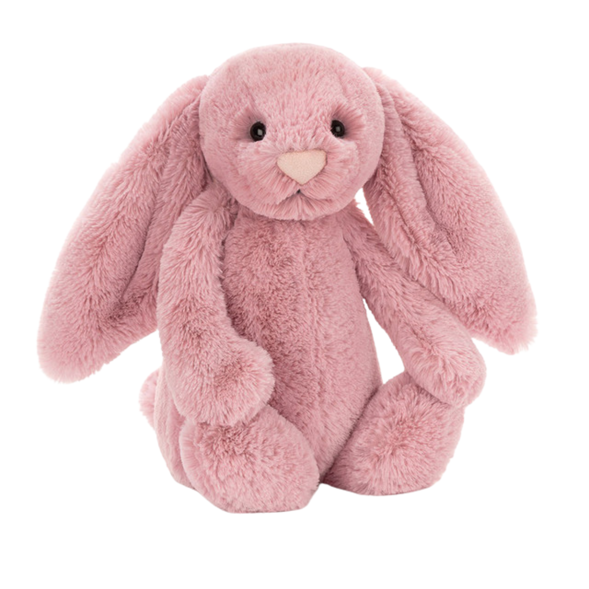 Soft pink plush bunny with long floppy ears and a stitched nose, designed as a cuddly stuffed toy for babies and toddlers.