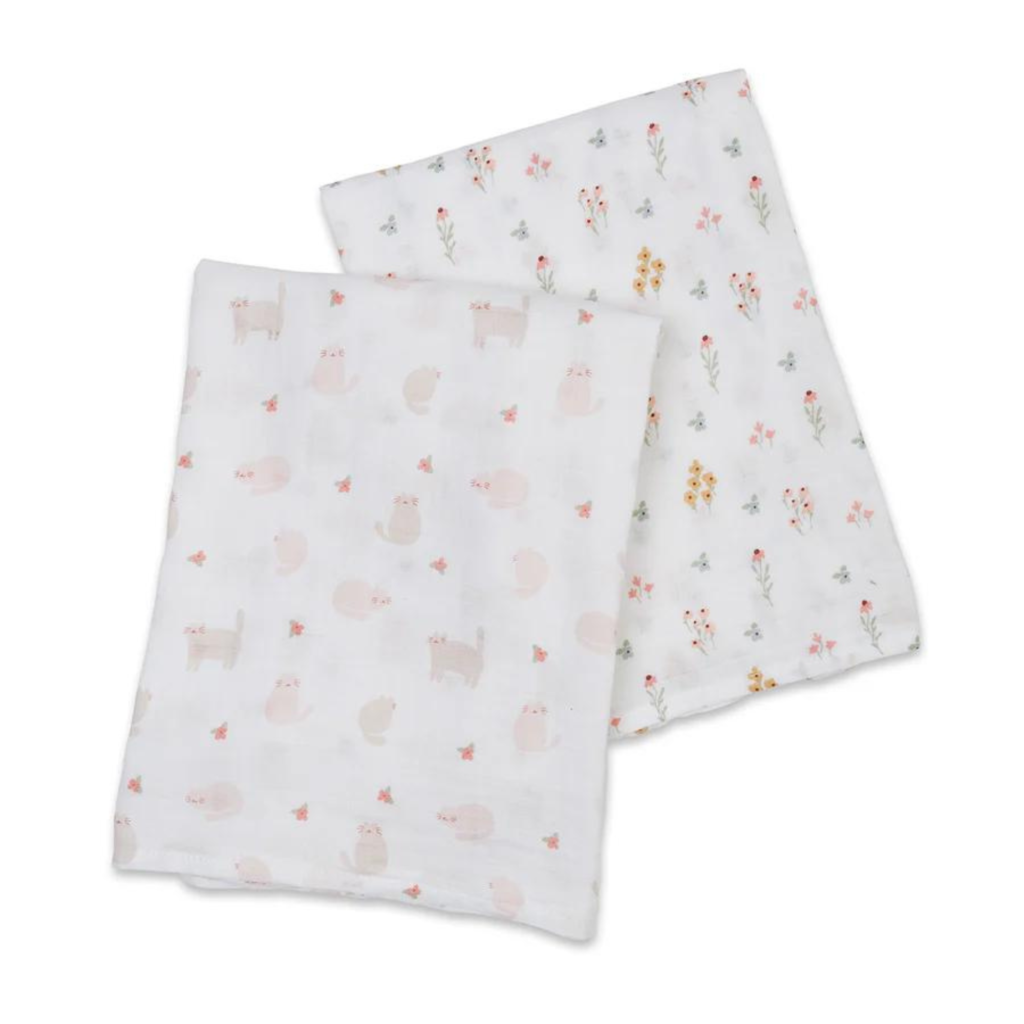 Langes en mousseline de coton LULUJO, lot de 2 - Chaton et Champ de fleurs