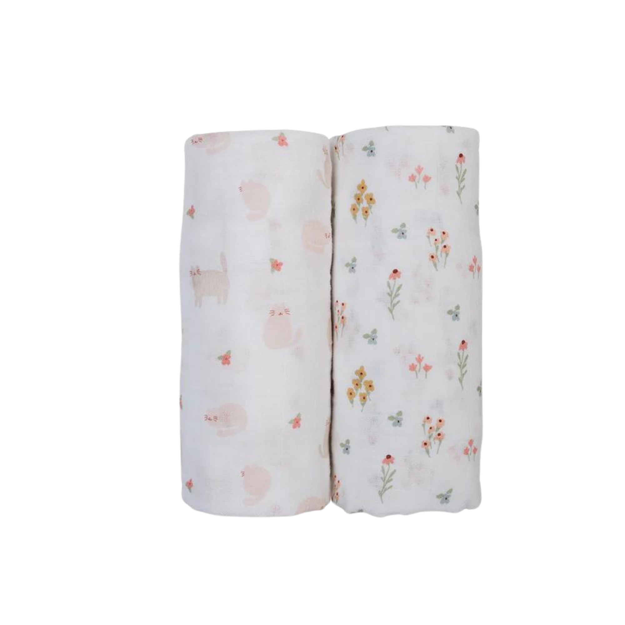 Langes en mousseline de coton LULUJO, lot de 2 - Chaton et Champ de fleurs