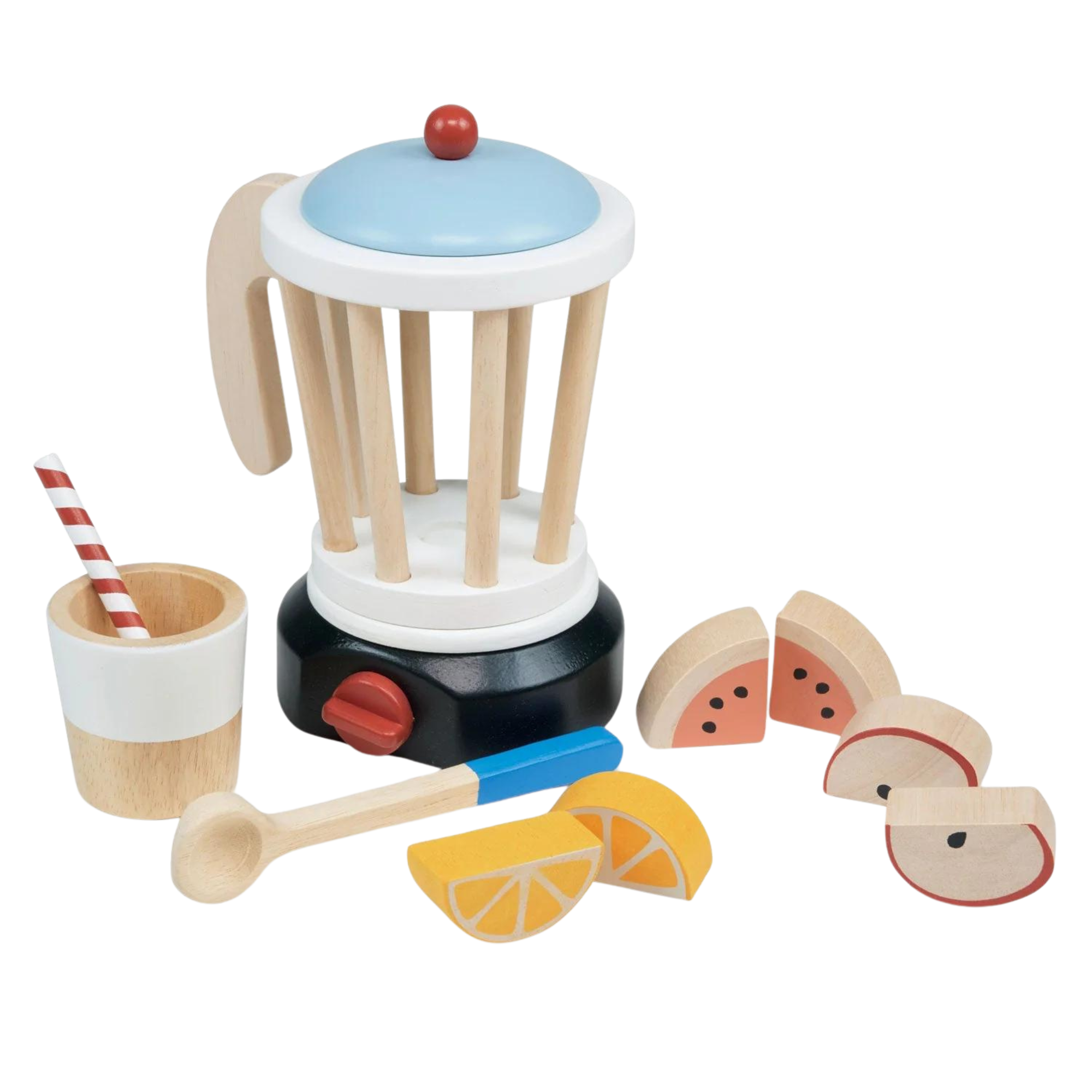 Wooden toy blender set with fruit slices, cup, straw, and spoon, designed for pretend play and encouraging imaginative kitchen activities for kids.