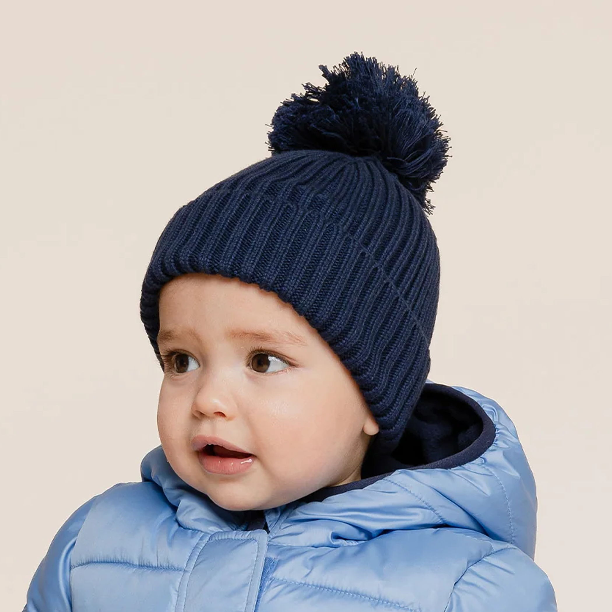 MILES THE LABEL Ribbed Pompom Baby Beanie 3-9m - Navy