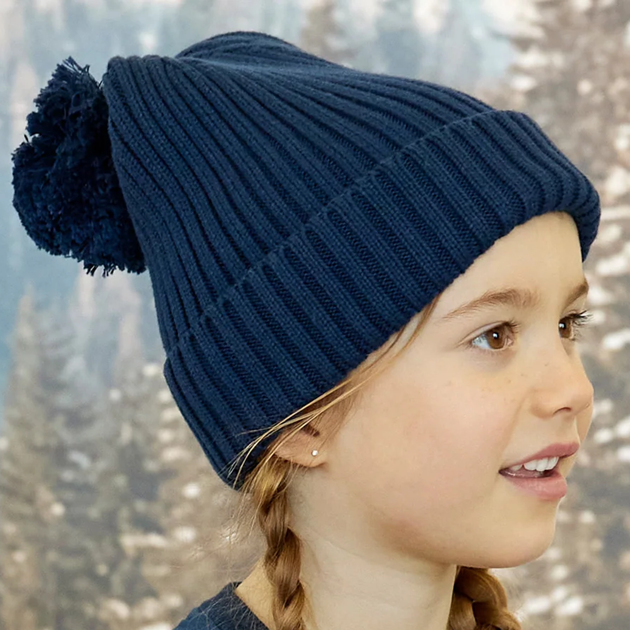 MILES THE LABEL Ribbed Pompom Baby Beanie 3-9m - Navy