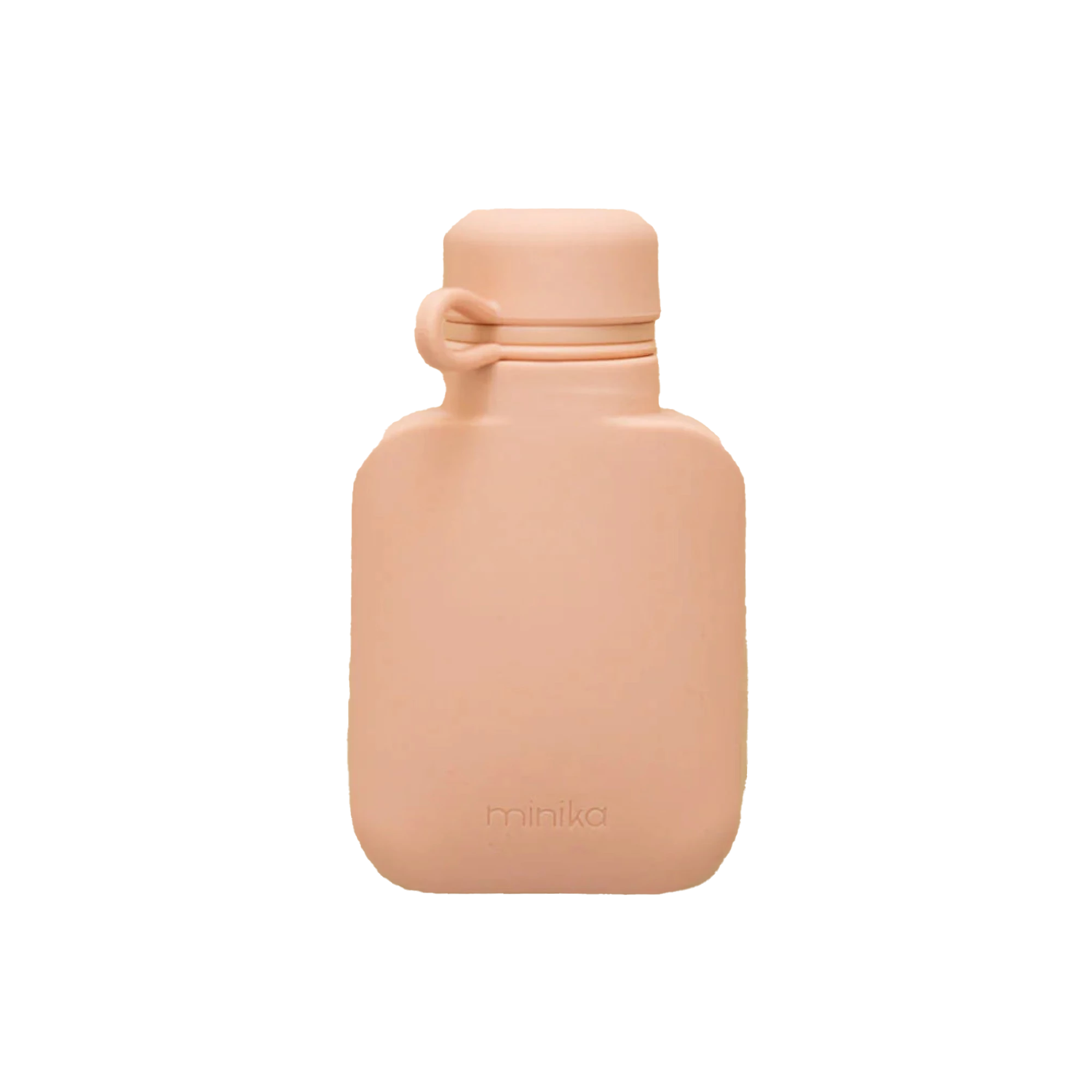 Soft peach silicone water bottle with rounded shape and matching screw cap, designed for toddlers and easy on-the-go hydration.