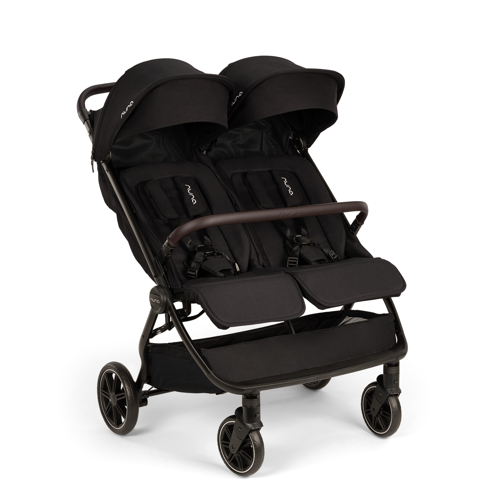 Black double stroller with two adjustable canopies, padded seats, and swivel wheels designed for smooth maneuvering and side-by-side seating.