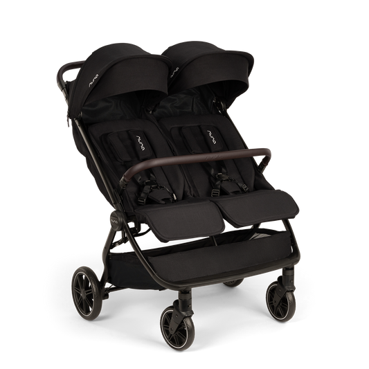 Black double stroller with two adjustable canopies, padded seats, and swivel wheels designed for smooth maneuvering and side-by-side seating.