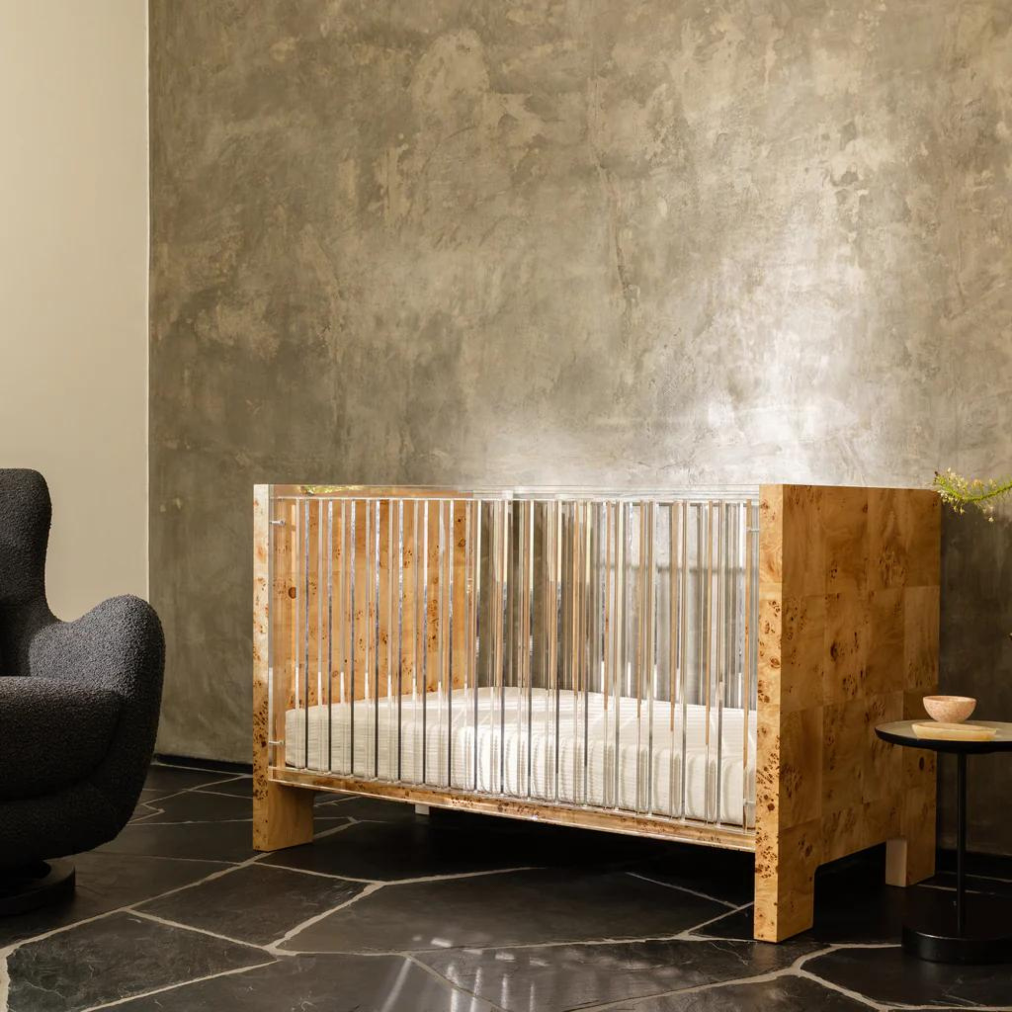NURSERY WORKS Altair Crib - Clear Acrylic With Burl