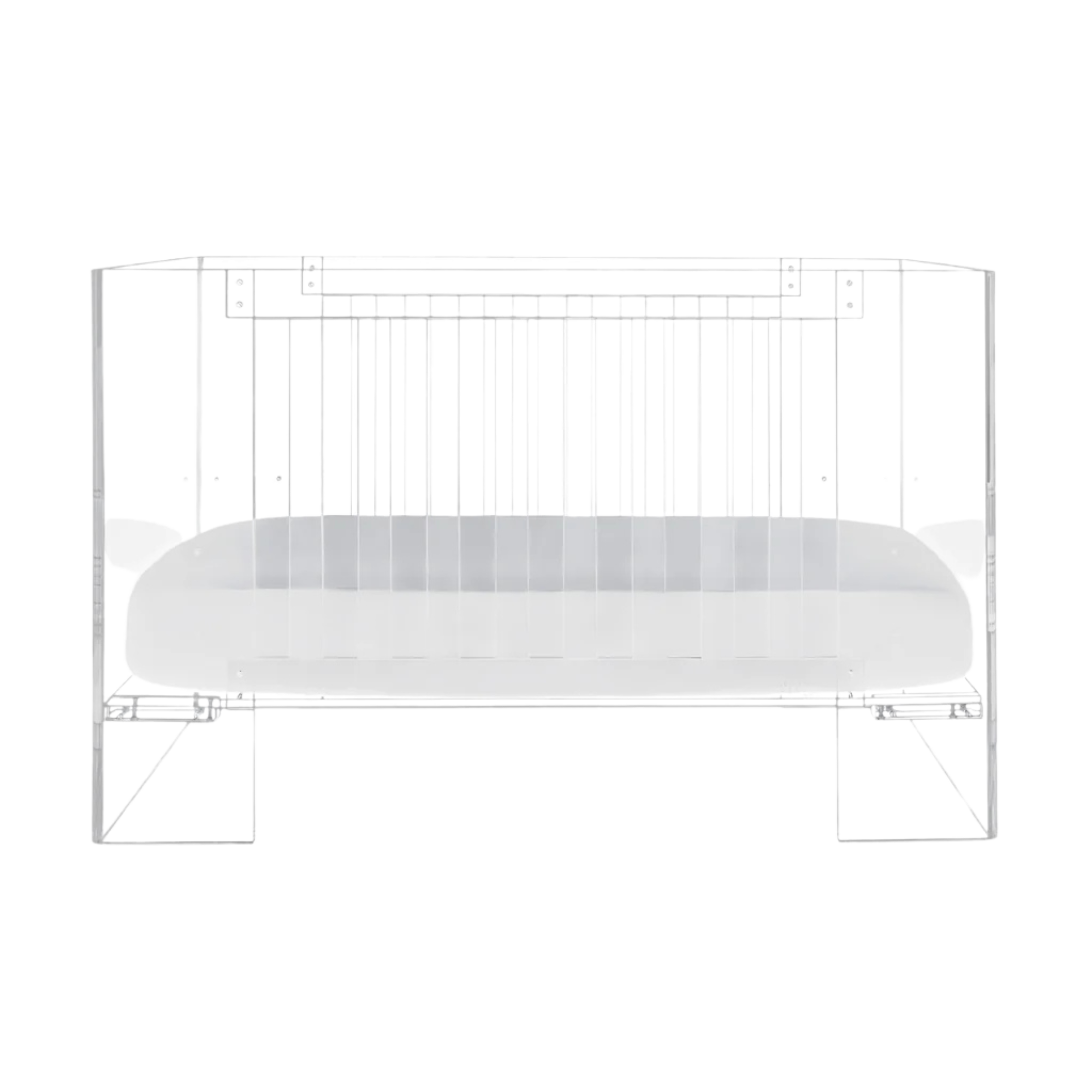 Nursery Works Vetro Crib in clear acrylic with white mattress base, modern see-through design, shown on white background.