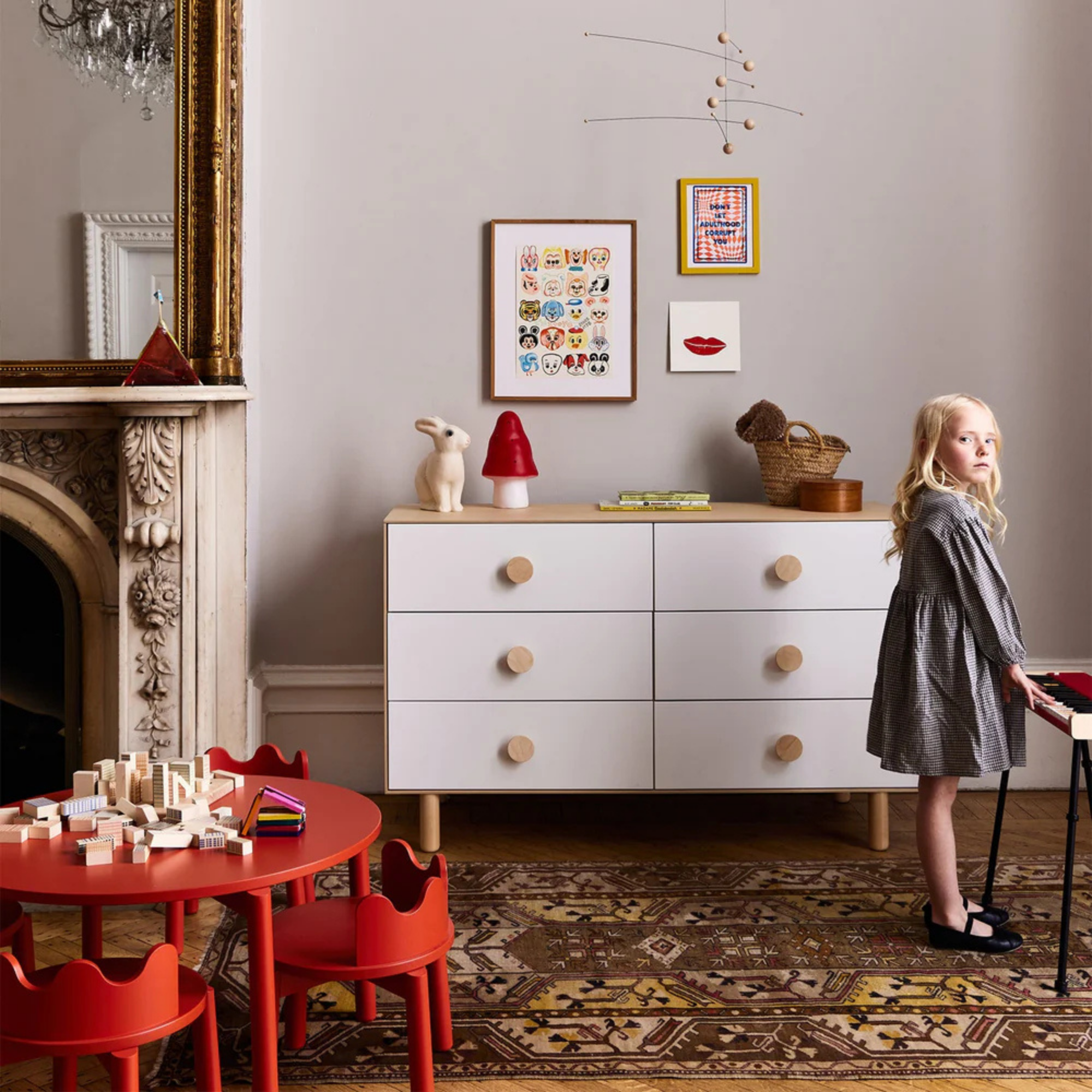 Commode OEUF Dot à 6 tiroirs - Bouleau/Blanc